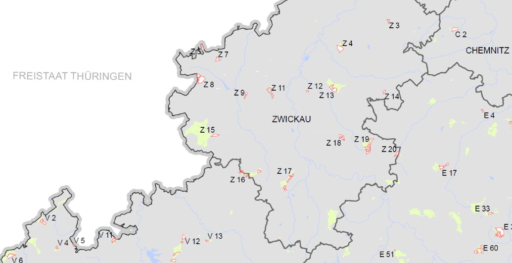 Ausschnitt aus der Karte Windeignungsgebiete laut sachlichem Teilregionalplan Wind der Region Chemnitz
